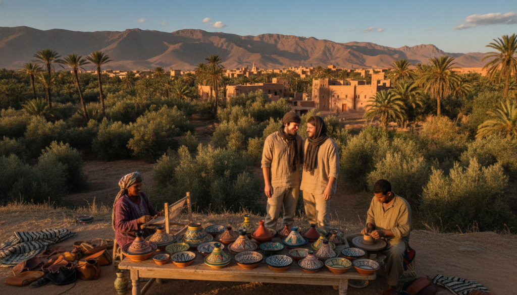A serene landscape showcasing the essence of responsible travel in Morocco, featuring a couple dressed in modest casual attire, engaged in cultural exchange with local artisans. In the foreground, vibrant, handmade Moroccan crafts like pottery and textiles are displayed on a rustic table. The middle ground reveals a picturesque village with traditional clay houses, framed by lush palm trees. The background displays the majestic Atlas Mountains under a clear blue sky, illuminated by warm golden hour sunlight, casting gentle shadows. The atmosphere exudes warmth and connection, highlighting sustainable tourism and cultural appreciation. Capture the scene with a wide-angle lens to emphasize both the crafts and the landscape, conveying a sense of adventure and responsibility in travel.