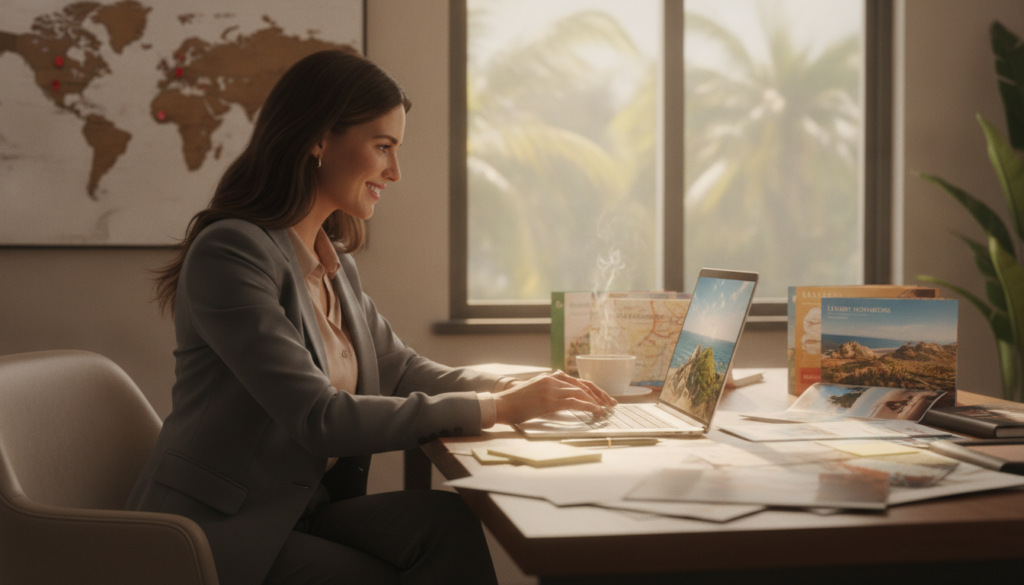 A serene office space where a romantic travel advisor, a professional woman in smart casual attire, is intently planning honeymoon destinations. She is surrounded by maps, travel brochures, and a laptop glowing with beautiful images of tropical beaches and picturesque landscapes. In the foreground, a coffee cup and notes are strewn across a polished wooden desk. The middle ground features a large window with soft natural light streaming in, illuminating a world map on the wall marked with various romantic locations. In the background, a soft-focus view shows lush greenery outside. The mood is warm and inviting, evoking a sense of adventure and love, perfect for future honeymooners. Utilize a soft focus with a slight bokeh effect to emphasize the subject.