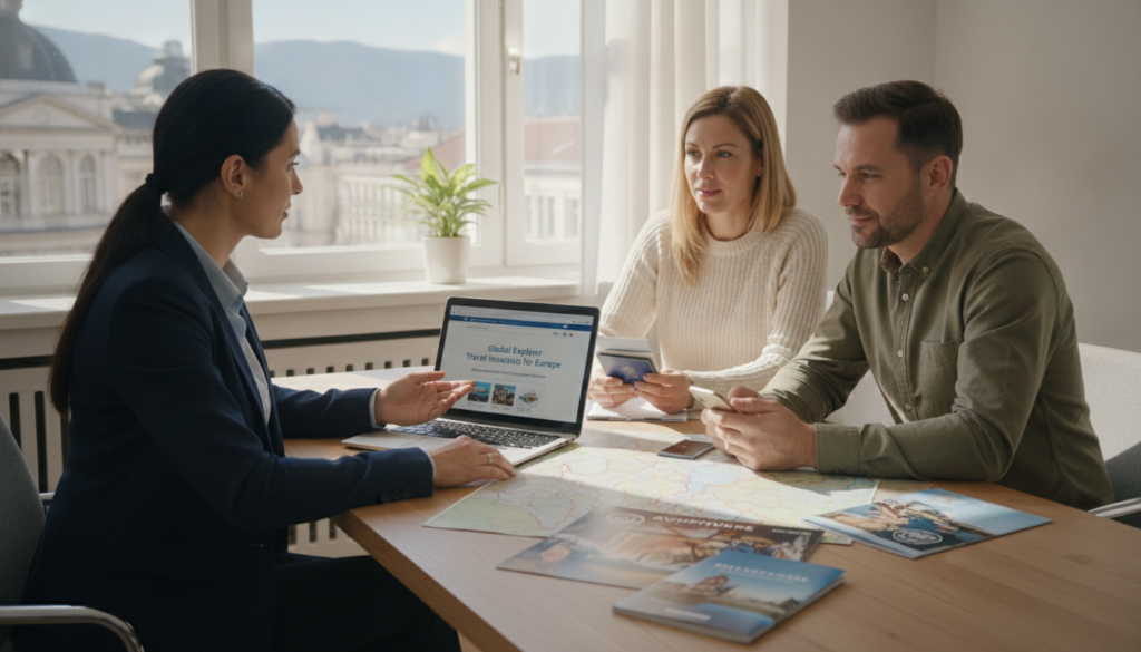 A serene, professional travel insurance consultation scene, set in a cozy, well-lit office. In the foreground, a confident insurance agent wearing business attire is discussing travel insurance options with a couple in casual, smart clothing, holding travel documents. The middle ground features a table cluttered with maps of Europe, brochures of tour packages, and a laptop displaying travel insurance details. Behind them, a window reveals a sunny cityscape, hinting at the adventures that await. Soft, natural lighting streams through the window, casting gentle shadows and creating a warm, inviting atmosphere that underscores the importance of being prepared for medical and emergency coverage while traveling abroad.