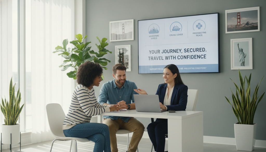A serene travel insurance office setting, filled with soft natural light coming through large windows. In the foreground, a professional-looking agent dressed in business attire, sitting at a sleek desk, smiling as they assist a diverse couple looking through travel insurance options on a laptop. The couple is dressed in casual but neat clothing, expressing curiosity and engagement. In the middle, a large display board on the wall showcases different travel insurance packages with appealing graphics. In the background, plants and pictures of iconic U.S. landmarks create a welcoming atmosphere. The overall mood is friendly and informative, emphasizing support for travelers with preexisting conditions, highlighting a sense of assurance and preparedness for their journey. The lens should be slightly wide, capturing all elements harmoniously. A serene travel insurance office setting, filled with soft natural light coming through large windows. In the foreground, a professional-looking agent dressed in business attire, sitting at a sleek desk, smiling as they assist a diverse couple looking through travel insurance options on a laptop. The couple is dressed in casual but neat clothing, expressing curiosity and engagement. In the middle, a large display board on the wall showcases different travel insurance packages with appealing graphics. In the background, plants and pictures of iconic U.S. landmarks create a welcoming atmosphere. The overall mood is friendly and informative, emphasizing support for travelers with preexisting conditions, highlighting a sense of assurance and preparedness for their journey. The lens should be slightly wide, capturing all elements harmoniously.