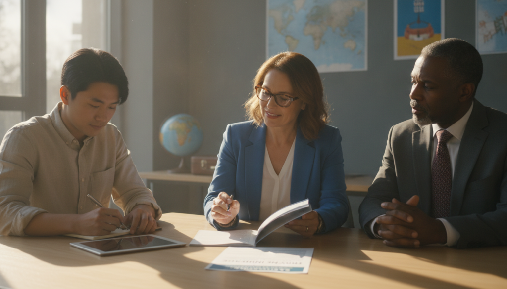 A serene travel insurance scene depicting a diverse group of three individuals discussing travel plans. In the foreground, a middle-aged woman with glasses in professional attire points toward a travel document on a table. Beside her, a young man in business casual clothing takes notes, and an older man in a suit looks on thoughtfully. The background features soft-focus travel-related imagery, like maps and luggage, set in a well-lit, modern office environment. Natural light streams through a window, creating a warm and inviting atmosphere. The mood is optimistic and professional, emphasizing the importance of securing pre-existing condition travel insurance for safe travels. The image should capture the essence of care and preparation for individuals with special health needs.