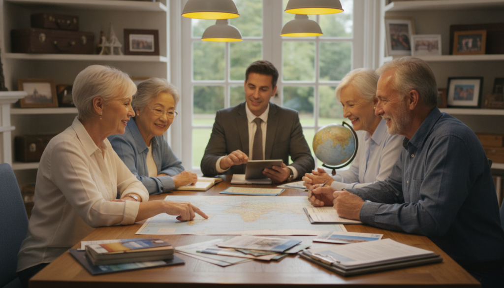 A serene travel planning scene featuring a diverse group of seniors gathered around a table filled with travel brochures and a laptop, displaying an inviting travel destination. In the foreground, an elderly couple is animatedly discussing their vacation plans, with maps and travel insurance documents spread out. The middle ground includes another senior consulting with a travel advisor, depicted in professional attire, emphasizing the importance of choosing the right insurance. The background showcases a cozy, well-lit room adorned with travel-themed decorations and warm lighting that creates a welcoming atmosphere. Use a soft focus for the background to draw attention to the seniors in the foreground, capturing the essence of thoughtful planning and consideration in travel insurance selection.