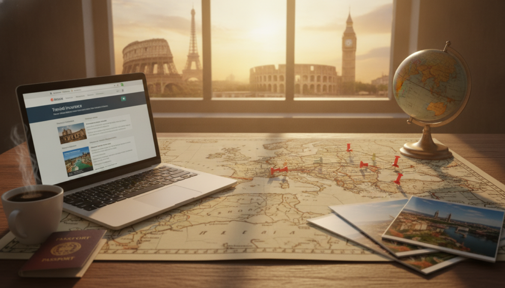 A serene travel planning scene featuring a well-organized desk with a world map of Europe spread out, highlighting key travel destinations. In the foreground, a laptop displays a travel insurance comparison website with medical coverage details visible. A soft, warm light illuminates the scene, suggesting early morning, creating a cozy and inviting atmosphere. In the middle, a globe, a passport, and travel brochures are neatly arranged around a cup of coffee. The background shows a window with a scenic view of iconic European landmarks, such as the Eiffel Tower and Colosseum, bathed in golden sunlight. The image captures the essence of planning a safe and enjoyable trip to Europe, emphasizing the importance of choosing the right medical coverage for travelers. A serene travel planning scene featuring a well-organized desk with a world map of Europe spread out, highlighting key travel destinations. In the foreground, a laptop displays a travel insurance comparison website with medical coverage details visible. A soft, warm light illuminates the scene, suggesting early morning, creating a cozy and inviting atmosphere. In the middle, a globe, a passport, and travel brochures are neatly arranged around a cup of coffee. The background shows a window with a scenic view of iconic European landmarks, such as the Eiffel Tower and Colosseum, bathed in golden sunlight. The image captures the essence of planning a safe and enjoyable trip to Europe, emphasizing the importance of choosing the right medical coverage for travelers.