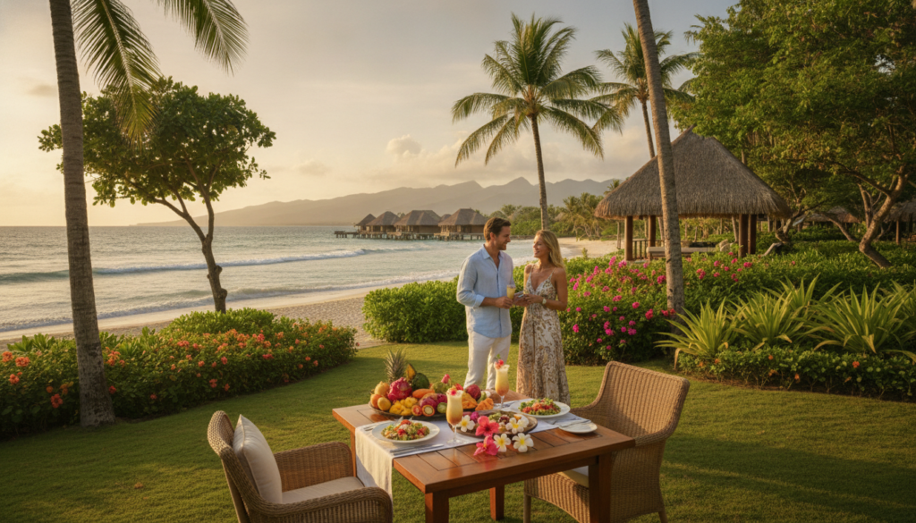 A serene tropical beach scene during golden hour, with soft, warm sunlight casting a gentle glow. In the foreground, an elegantly set dining table adorned with fresh flowers, fruit platters, and cocktails, suggests luxury and relaxation. In the middle, a couple dressed in smart casual attire enjoying a meal, surrounded by lush palm trees and vibrant greenery, showcases the all-inclusive aspect. The background features an inviting ocean with gentle waves, a stylish resort with thatched roofs, and distant mountains. The overall mood is tranquil and inviting, embodying the perfect vacation escape, suggesting both luxury and comfort. Utilize a wide-angle lens to capture the expansive landscape and create a sense of openness.
