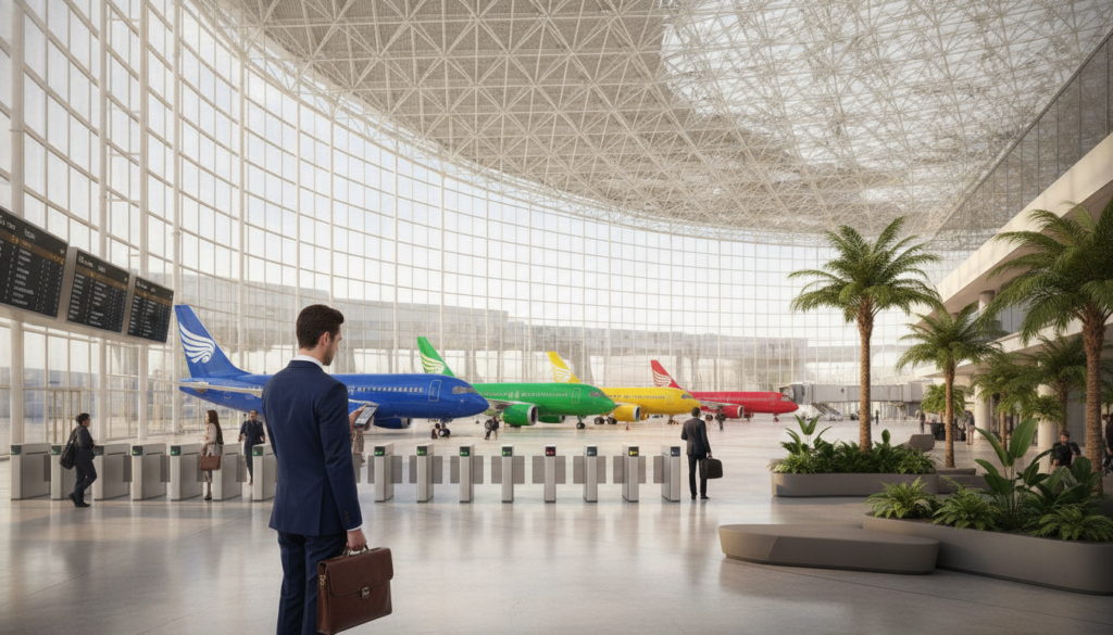 A sleek, modern airport terminal bustling with travelers efficiently boarding planes. In the foreground, a business person in professional attire checks their smartphone, displaying a flight boarding pass. The middle ground features various airplanes, each ready for departure, painted in vibrant colors against a clear blue sky. The background captures the terminal's large glass windows reflecting sunlight, creating an inviting atmosphere. Soft, natural lighting pours in, accentuating the state-of-the-art design of the terminal with open spaces and greenery. The scene conveys a sense of excitement and convenience, emphasizing the ease of nonstop flights for a smoother travel experience. A sleek, modern airport terminal bustling with travelers efficiently boarding planes. In the foreground, a business person in professional attire checks their smartphone, displaying a flight boarding pass. The middle ground features various airplanes, each ready for departure, painted in vibrant colors against a clear blue sky. The background captures the terminal's large glass windows reflecting sunlight, creating an inviting atmosphere. Soft, natural lighting pours in, accentuating the state-of-the-art design of the terminal with open spaces and greenery. The scene conveys a sense of excitement and convenience, emphasizing the ease of nonstop flights for a smoother travel experience.