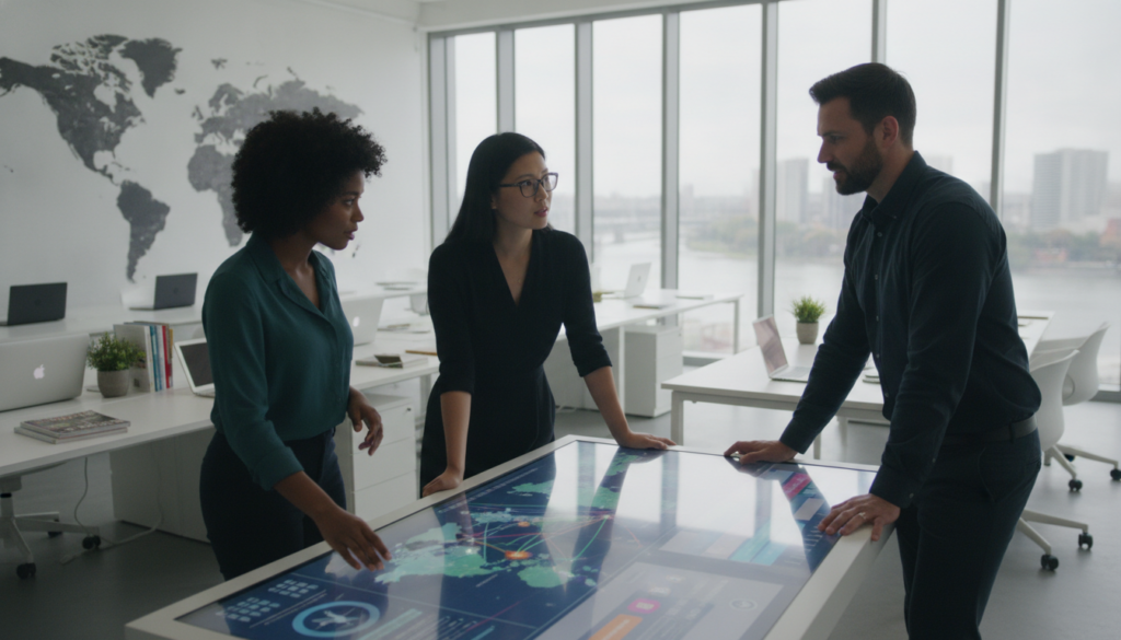 A sleek, modern office environment showcasing an open-plan workspace dedicated to traveler information systems. In the foreground, a diverse group of three professionals—two women and one man—are engaged in a dynamic discussion around a large digital screen displaying interactive flight booking maps and traveler data analytics in vibrant colors. The middle ground features stylish desks adorned with laptops, travel guides, and a large world map on the wall. The background is airy and bright, with large windows allowing natural sunlight to pour in, creating a warm and inviting atmosphere. The lighting is soft yet focused, emphasizing teamwork and innovation, shot from a slightly angled perspective to capture the collaborative energy in the room.