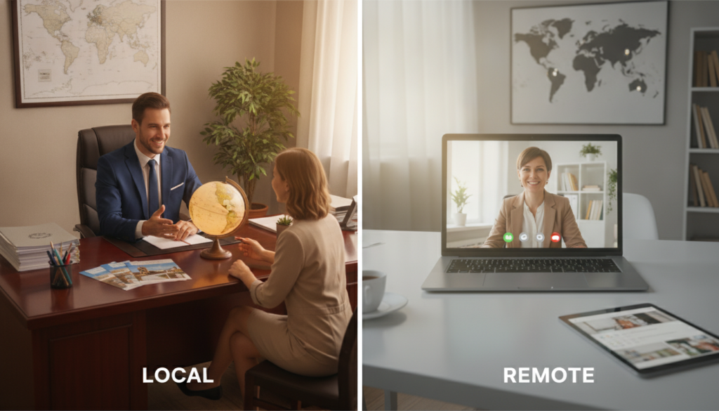A split-image composition illustrating the theme of local versus remote visa consulting. In the foreground, a professional local visa consultant, wearing smart business attire, is seated at a polished desk with a globe and travel brochures, engaged in a friendly conversation with a client. In the middle ground, a vibrant workspace featuring a modern laptop displays a video call with a remote consultant, who appears professional, in a well-lit home office environment, showcasing a map on the wall. The background suggests a warm, inviting atmosphere with soft lighting, emphasizing trust and approachability. The overall mood conveys a blend of personal interaction and modern technology, highlighting the importance of choosing the right support for visa consultation. The angle is slightly elevated to capture both aspects effectively.