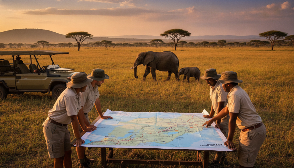 A stunning Kenya safari scene showcasing a vibrant landscape with diverse wildlife. In the foreground, a group of travelers in modest, casual clothing gather around a detailed itinerary map, highlighting key locations such as Maasai Mara and Amboseli National Park. The middle ground features a majestic elephant family traversing the savannah, flanked by acacia trees under a wide, cloud-dappled sky. The background reveals distant hills, adding depth to the scene. Soft, golden-hour lighting casts a warm glow over the landscape, evoking a sense of adventure and tranquility. The overall atmosphere is inviting and exhilarating, capturing the essence of unforgettable safari experiences in Kenya.