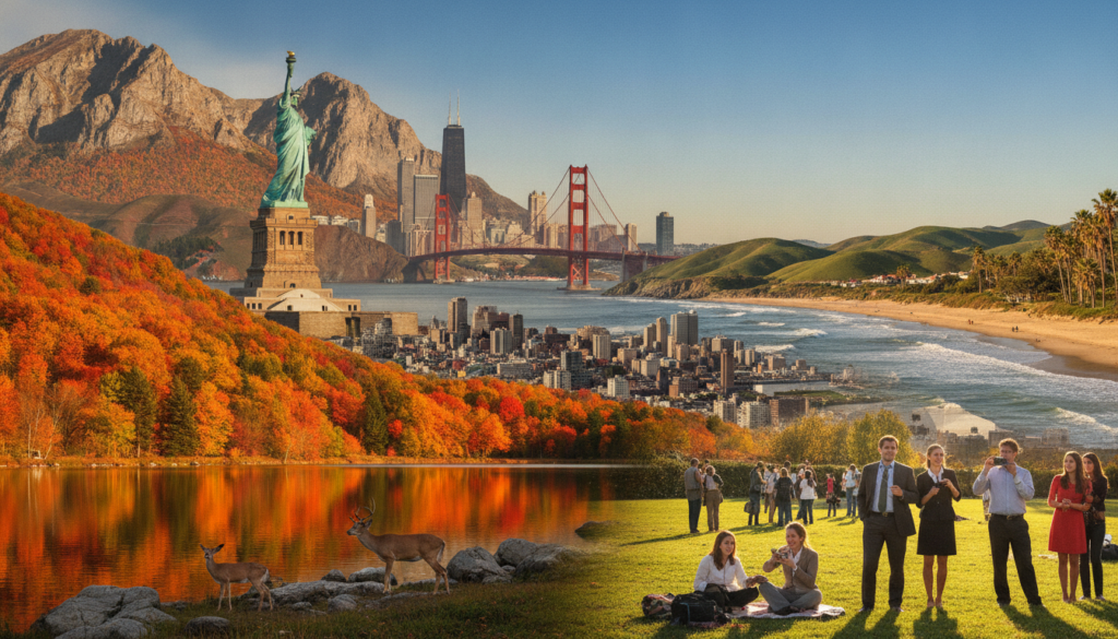 A stunning collage of iconic US destinations representing a perfect trip: In the foreground, a tranquil national park with a serene lake, surrounded by majestic mountains and vibrant autumn foliage. In the middle, a bustling city skyline featuring famous landmarks like the Statue of Liberty and Golden Gate Bridge, with a sun-drenched park filled with people dressed in casual, professional attire enjoying the scenery. In the background, rolling hills and coastal beaches under a clear blue sky, radiating warmth and adventure. The lighting is golden hour, casting a soft, warm glow over the entire scene, enhancing the inviting atmosphere of exploration and relaxation. The overall mood evokes excitement and tranquility, capturing the essence of choosing the right destinations in the US.