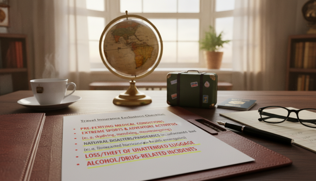 A thoughtfully designed workspace showcasing a travel insurance document with clear exclusions highlighted. In the foreground, an open folder displays a checklist of common travel insurance exclusions like "pre-existing conditions" and "extreme sports." The middle layer features a set of travel-related items: a globe, a packed suitcase, and a passport, creating a travel theme. The background includes a bright window with soft daylight filtering in, illuminating the scene with a warm glow. The atmosphere is serious yet informative, aiming to convey a sense of caution and awareness. A subtle depth of field effect blurs the background slightly, bringing focus to the document and items in the foreground, emphasizing the importance of understanding travel insurance exclusions for confident travel planning.