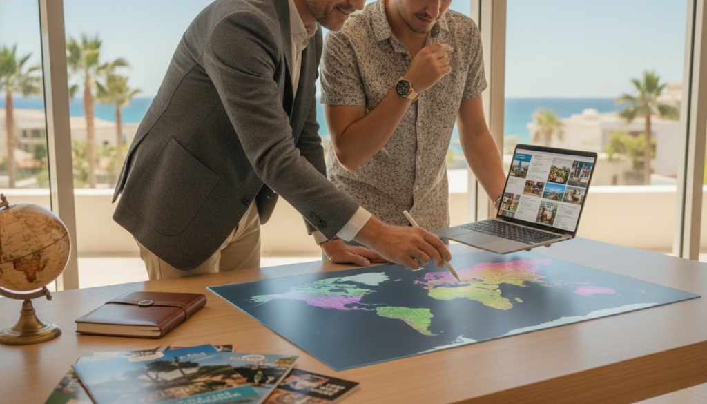 A travel advisor and a client are seated at a modern desk, engaged in a detailed planning session for a custom vacation. The advisor, a middle-aged person in professional attire, points to a vibrant world map on the desk, while the client, a young adult dressed in smart casual clothing, examines a laptop filled with travel options. The foreground features a neatly organized desk with travel brochures, a laptop, and a globe. In the middle background, a large window showcases a sunny outdoor landscape, enhancing the inviting atmosphere. Soft, natural lighting floods the scene, creating a warm and collaborative mood. The perspective is slightly elevated, capturing both the advisor's engaged expression and the client's thoughtful response, illustrating the partnership in crafting tailored travel experiences.