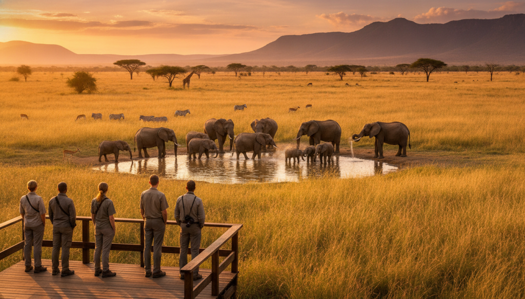 A vibrant African safari scene capturing the essence of adventure during the best time to visit. In the foreground, a diverse group of travelers, dressed in modest safari attire, are observing a majestic herd of elephants drinking at a watering hole. In the middle ground, the golden savannah stretches out, dotted with acacia trees and a variety of wildlife such as zebras and antelopes. The sun is setting, casting a warm golden glow across the landscape, with long shadows enhancing the rich textures of the savannah grass. The background features rolling hills and a distant mountain range under a vivid orange and purple sky, creating an atmosphere of tranquility and excitement. Use a wide-angle lens to capture the expansive view, with soft, natural lighting that emphasizes the beauty and diversity of the African wilderness.