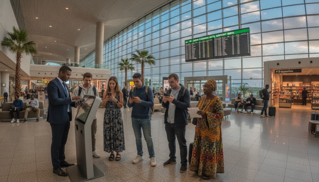 A vibrant Nairobi airport scene during a layover, showcasing travelers navigating through the modern terminal. In the foreground, a diverse group of passengers in professional business attire and modest casual clothing reviews their flight itineraries at a digital kiosk, reflecting their anticipation. The middle ground features sleek architecture with large glass windows allowing natural light to flood the space, highlighting the bustling atmosphere with other travelers lounging or shopping. In the background, an overhead display board shows flight schedules against a calm, blue sky visible through the terminal's windows. The scene is bright and welcoming, conveying a sense of excitement and the allure of exploring a new city during a layover in Nairobi. Use a wide-angle lens to capture the expanse of the terminal, with a balanced, vivid color palette to emphasize the lively environment.