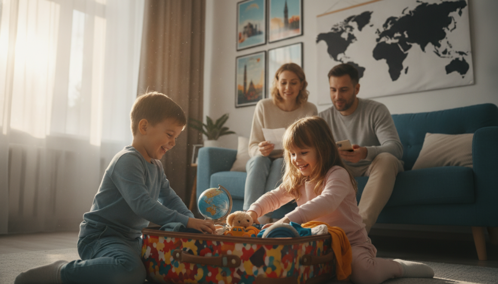 A vibrant, child-friendly travel scene showcasing a happy family preparing for a journey together. In the foreground, two children, a boy and a girl, are playfully packing a colorful suitcase with travel essentials like clothes and toys, dressed in comfortable casual clothing. In the middle ground, their parents are helping by checking travel documents on a smartphone, exuding a sense of organization and calm. The background features a bright, inviting living room decorated with travel-themed posters and a world map on the wall, symbolizing adventure. Soft, natural light filters through a nearby window, creating a warm and cheerful atmosphere, suggesting excitement for upcoming travels. The perspective is slightly angled to capture the family's joyful expressions while emphasizing the packing process. A vibrant, child-friendly travel scene showcasing a happy family preparing for a journey together. In the foreground, two children, a boy and a girl, are playfully packing a colorful suitcase with travel essentials like clothes and toys, dressed in comfortable casual clothing. In the middle ground, their parents are helping by checking travel documents on a smartphone, exuding a sense of organization and calm. The background features a bright, inviting living room decorated with travel-themed posters and a world map on the wall, symbolizing adventure. Soft, natural light filters through a nearby window, creating a warm and cheerful atmosphere, suggesting excitement for upcoming travels. The perspective is slightly angled to capture the family's joyful expressions while emphasizing the packing process.
