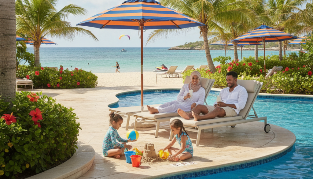 A vibrant family-friendly all-inclusive resort scene featuring a diverse family of four, dressed in modest casual clothing, enjoying a sunny day by a sparkling blue pool. In the foreground, children are playing with beach balls and building sandcastles. The middle ground showcases comfortable lounge chairs with colorful umbrellas, while parents relax with refreshing drinks in hand, surrounded by lush tropical greenery. In the background, a sandy beach stretches towards clear waters, with water sports activities visible. Bright, cheerful sunlight casts soft shadows, capturing the joyful atmosphere of a perfect vacation environment. The image should evoke warmth, happiness, and togetherness, ideal for illustrating family vacation planning.