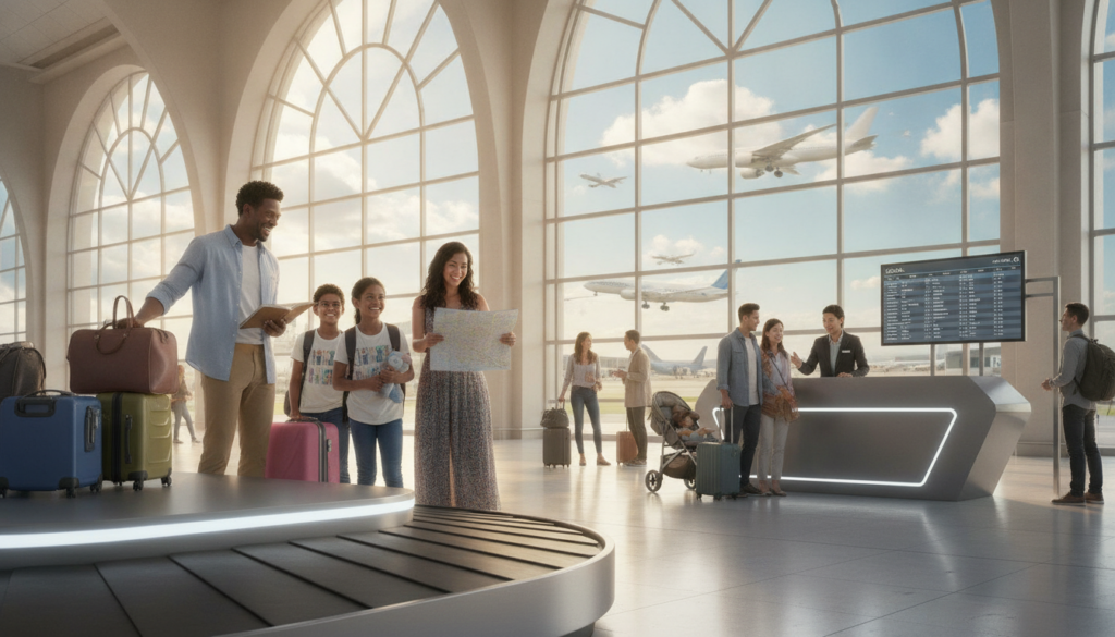 A vibrant family travel scene in an airport setting, showcasing a multicultural family of four - a father, mother, and two children, all dressed in casual travel attire. In the foreground, the family is joyfully gathering their luggage from an automated baggage claim area, with travel guides and maps visible in their hands. In the middle ground, a travel agent can be seen assisting another family at a nearby information desk, emphasizing the practical details of family travel. The background features large windows showing planes taking off and landing under bright, natural sunlight. The atmosphere is filled with excitement and anticipation, capturing the essence of international family travel. Use a wide-angle lens to create depth, with a focus on warm lighting that enhances the inviting and busy airport environment. A vibrant family travel scene in an airport setting, showcasing a multicultural family of four - a father, mother, and two children, all dressed in casual travel attire. In the foreground, the family is joyfully gathering their luggage from an automated baggage claim area, with travel guides and maps visible in their hands. In the middle ground, a travel agent can be seen assisting another family at a nearby information desk, emphasizing the practical details of family travel. The background features large windows showing planes taking off and landing under bright, natural sunlight. The atmosphere is filled with excitement and anticipation, capturing the essence of international family travel. Use a wide-angle lens to create depth, with a focus on warm lighting that enhances the inviting and busy airport environment.