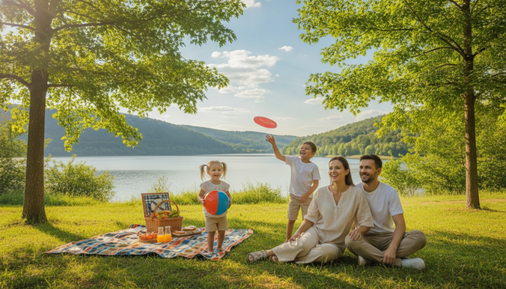 A vibrant family vacation scene set in a sunny outdoor location, showcasing a family of four enjoying time together. In the foreground, a smiling family dressed in modest casual clothing, including a child holding a beach ball and another playing with a frisbee. In the middle ground, a picnic setup with colorful blankets and a basket filled with snacks, surrounded by lush green trees. In the background, a serene lake reflecting the blue sky and a few fluffy clouds, with distant hills adding depth. The scene is illuminated by warm, golden sunlight, creating a cheerful and inviting atmosphere. The angle is slightly elevated to capture both the family’s joyful expressions and the stunning natural landscape surrounding them.