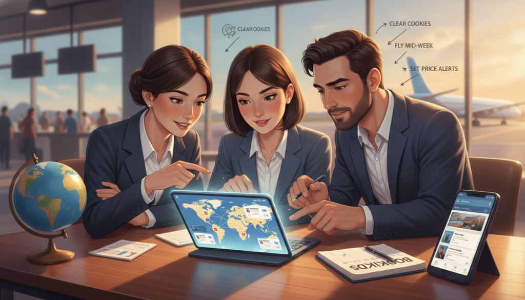 A vibrant illustration displaying international flight booking tips. Foreground: a diverse group of three travelers, two women and one man, in professional business attire, examining a digital tablet with a map of the world and flight options. They appear focused and engaged, showcasing their expressions of curiosity and determination. Middle: a collection of travel essentials, such as a globe, a notepad, and a smartphone with flight apps open, arranged on a sleek wooden desk. Background: an airport check-in area with bright lighting and an airplane in view through a large glass window, signifying travel. The overall atmosphere is informative and motivating, with warm, inviting colors and a sense of excitement about discovering affordable international flights. A vibrant illustration displaying international flight booking tips. Foreground: a diverse group of three travelers, two women and one man, in professional business attire, examining a digital tablet with a map of the world and flight options. They appear focused and engaged, showcasing their expressions of curiosity and determination. Middle: a collection of travel essentials, such as a globe, a notepad, and a smartphone with flight apps open, arranged on a sleek wooden desk. Background: an airport check-in area with bright lighting and an airplane in view through a large glass window, signifying travel. The overall atmosphere is informative and motivating, with warm, inviting colors and a sense of excitement about discovering affordable international flights.