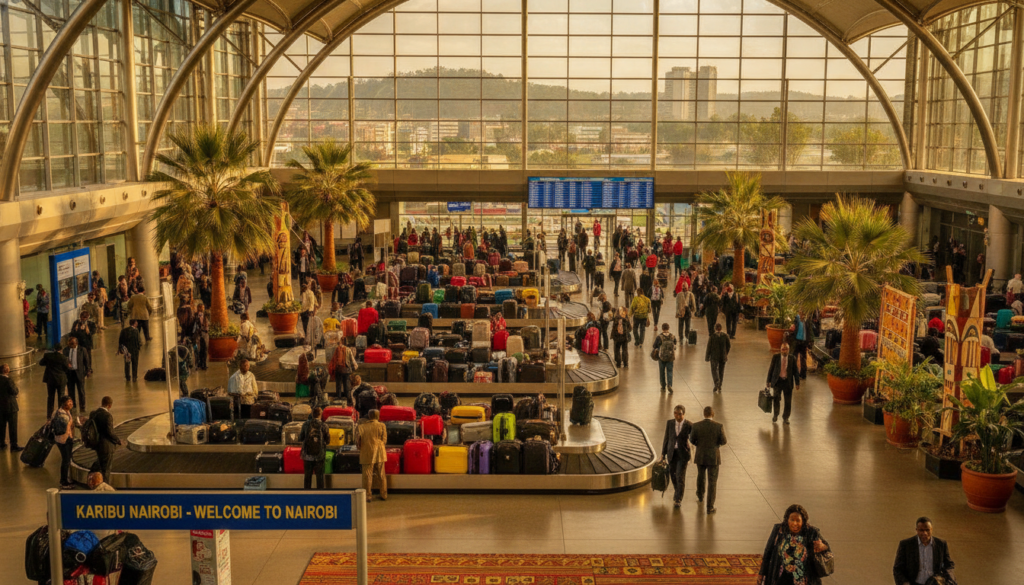 A vibrant scene at Jomo Kenyatta International Airport's arrival hall, capturing the lively atmosphere of travelers disembarking. In the foreground, a diverse group of travelers in professional business attire and modest casual clothing are gathering their luggage from colorful conveyor belts. The middle ground features the sleek architectural design of the terminal, with large glass windows allowing natural light to flood the space, creating a warm and welcoming glow. The background showcases an iconic display of Nairobi's culture, with decorative elements and lush greenery. The perspective is slightly elevated, offering a panoramic view of the bustling arrival area. The overall mood is one of excitement and anticipation, celebrating the beginning of new journeys.
