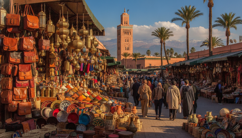A vibrant scene capturing the essence of a Marrakech vacation. In the foreground, colorful handicrafts and traditional Moroccan lamps adorn a bustling souk. Shoppers in modest casual clothing browse stalls filled with spices, textiles, and pottery. In the middle ground, the iconic Koutoubia Mosque rises majestically against the vivid blue sky, while palm trees sway gently in the warm sunlight, casting soft shadows. The background features the Atlas Mountains, slightly blurred to create depth, their peaks kissed by white clouds. The lighting is sun-drenched, enhancing the earthy tones of the marketplace and the vibrant colors of the goods. The atmosphere is lively and inviting, embodying a sense of adventure and cultural richness that is quintessential to a Moroccan itinerary.