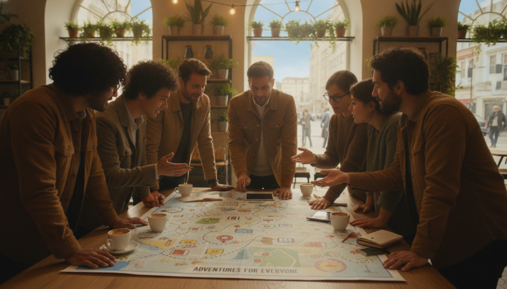 A vibrant scene depicting a diverse group of travelers gathered around a large, colorful map spread out on a table in a cozy, well-lit café. In the foreground, the travelers, dressed in professional casual clothing, engage in animated discussions, pointing at various destinations. The middle of the image features the map filled with various symbols representing inclusivity—like accessible venues, cultural landmarks, and activities for all ages. The background reveals the café's warm atmosphere with potted plants, soft lighting, and large windows showcasing a sunny day outside. The overall mood is collaborative and joyful, emphasizing comfort and inclusivity in planning group adventures. Shot with a soft-focus lens to enhance warmth and connection among the group. A vibrant scene depicting a diverse group of travelers gathered around a large, colorful map spread out on a table in a cozy, well-lit café. In the foreground, the travelers, dressed in professional casual clothing, engage in animated discussions, pointing at various destinations. The middle of the image features the map filled with various symbols representing inclusivity—like accessible venues, cultural landmarks, and activities for all ages. The background reveals the café's warm atmosphere with potted plants, soft lighting, and large windows showcasing a sunny day outside. The overall mood is collaborative and joyful, emphasizing comfort and inclusivity in planning group adventures. Shot with a soft-focus lens to enhance warmth and connection among the group.