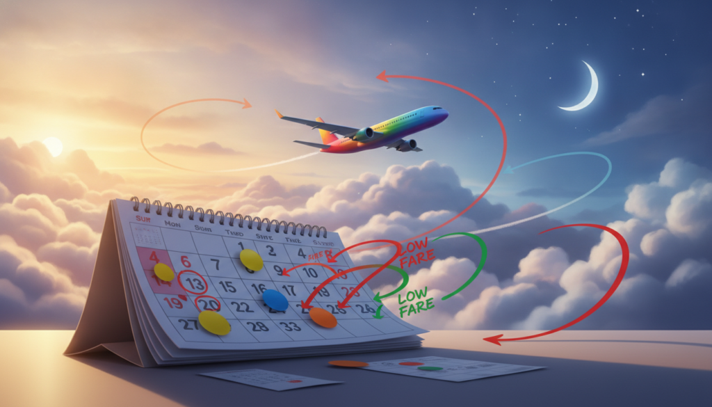 A vibrant scene depicting flexible travel dates as an abstract concept. In the foreground, a large calendar is open, displaying dates with colorful stickers, some marked with arrows pointing to low fares. In the middle ground, an airplane flies overhead, dynamically twisting through fluffy clouds, symbolizing freedom and exploration. The background shows a sunny sky transitioning from day to night, representing the flexibility of choosing various travel days. Soft, warm lighting enhances the mood of optimism and adventure, while shadows add depth. The composition captures the excitement of discovering cheaper airline tickets through flexible scheduling, inviting viewers to visualize their next journey.