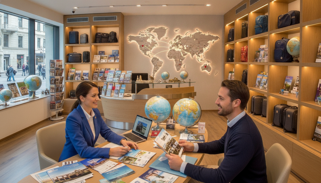 A vibrant scene depicting the interior of a modern travel agency office. In the foreground, a friendly travel agent in professional attire, smiling and interacting with a satisfied customer looking at travel brochures and a laptop. The middle layer features a stylish reception desk adorned with colorful travel brochures and a large wall map highlighting global destinations. In the background, there are shelves displaying travel products like luggage and world globes, illuminated by warm, soft lighting that creates an inviting atmosphere. The overall composition exudes professionalism and expertise in the travel industry, with a focus on customer service and travel planning. The angle is a slight wide shot, capturing the bustling yet organized environment, conveying a sense of excitement about traveling.