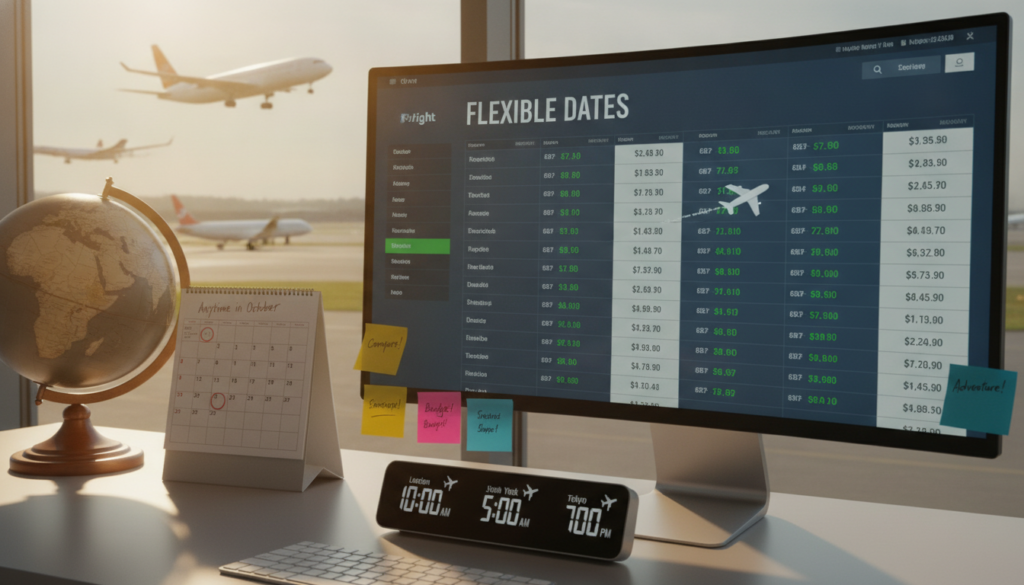 A vibrant scene illustrating flexible travel dates, featuring a stylish desktop computer with an open flight booking website displaying various options for different dates. In the foreground, a globe is prominently placed, alongside a calendar with marked flexible dates and colorful sticky notes. In the middle, a digital clock shows different time zones, hinting at global travel possibilities. The background features a bright window view of an airport with planes taking off, bathed in warm sunlight, creating an inviting atmosphere. The lighting is soft and natural, evoking a sense of adventure and opportunity. Overall, the image conveys excitement and optimism about finding affordable international flights through flexible travel planning. A vibrant scene illustrating flexible travel dates, featuring a stylish desktop computer with an open flight booking website displaying various options for different dates. In the foreground, a globe is prominently placed, alongside a calendar with marked flexible dates and colorful sticky notes. In the middle, a digital clock shows different time zones, hinting at global travel possibilities. The background features a bright window view of an airport with planes taking off, bathed in warm sunlight, creating an inviting atmosphere. The lighting is soft and natural, evoking a sense of adventure and opportunity. Overall, the image conveys excitement and optimism about finding affordable international flights through flexible travel planning.