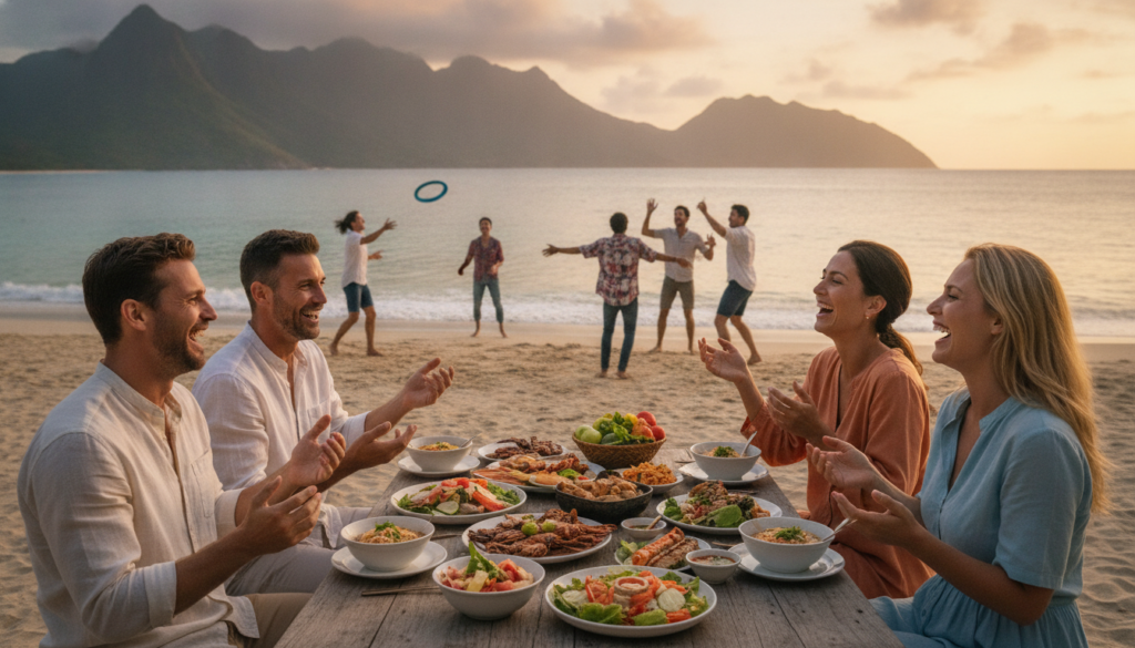 A vibrant scene showcasing a diverse group of individuals engaged in various group activities, set against the backdrop of a picturesque travel destination. In the foreground, a group of four adults—two men and two women—are gathered around a large dining table filled with colorful local dishes, laughing and sharing stories while dressed in smart casual attire. In the middle ground, friends participating in outdoor games, like frisbee and volleyball, exemplifying camaraderie under a clear blue sky. The background features a beautiful landscape, such as mountains or a beach, with soft sunlight creating a warm, inviting atmosphere. The angle should capture the lively interactions among the group while highlighting the scenic beauty, with a slightly blurred background to focus on the joyful experiences shared among the travelers.