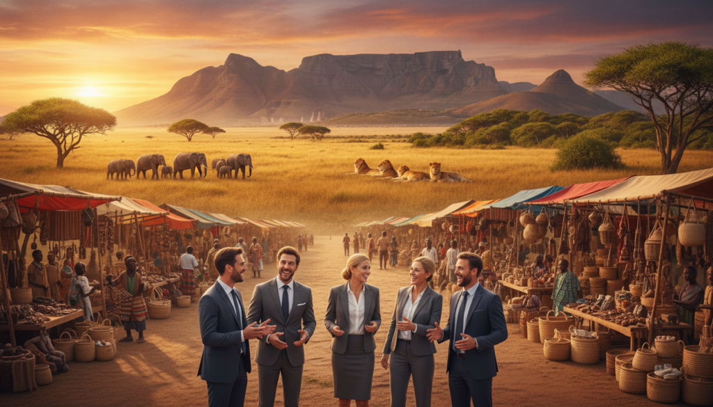 A vibrant scene showcasing diverse African destinations, focusing on iconic landscapes and cultural landmarks. In the foreground, a group of travelers in professional business attire, looking excited and engaging in conversation, near a traditional market bustling with local artisans selling handcrafted goods. The middle ground features a backdrop of majestic animals, such as elephants and lions, alongside rolling savannahs and lush greenery. The background captures the grandeur of Table Mountain under a clear blue sky, with the sun setting, casting warm golden tones throughout the scene. The atmosphere is inviting and adventurous, evoking the spirit of exploration and cultural richness inherent in Africa, with soft, natural lighting that enhances the vibrant colors of the terrain and wildlife.