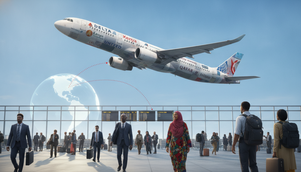 A vibrant scene showcasing the diverse airlines serving the journey from Minneapolis (MSP) to Nairobi (NBO). In the foreground, a sleek airplane bearing a mix of airline logos, including both American and African carriers, ascends against a brilliant blue sky. The aircraft is captured in a dynamic angle, emphasizing motion and adventure. In the middle, a bustling airport terminal filled with diverse travelers dressed in professional business attire and modest casual clothing, reflecting a melting pot of cultures and anticipation. The background features a stylized aerial view of continents, subtly hinting at the route taken. Bright, natural lighting bathes the scene, creating an upbeat and hopeful atmosphere, symbolizing the excitement of international travel.