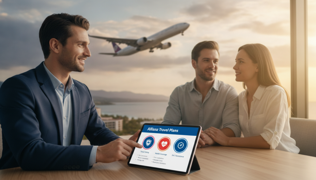 A visually appealing composition showcasing various Allianz travel insurance coverage options. In the foreground, a professional agent, dressed in smart business attire, is engaged in a friendly conversation with a couple, appearing relieved and confident about their travel plans. The middle layer features a large, detailed brochure or digital tablet displaying vibrant graphics of insurance plans and benefits, with icons representing travel safety, health coverage, and assistance. In the background, a soft-focus travel-related scene, such as an airplane taking off or a scenic destination, conveys a sense of adventure. The lighting is warm and inviting, enhancing the atmosphere of security and peace of mind, captured with a slightly blurred background effect to emphasize the foreground interactions.