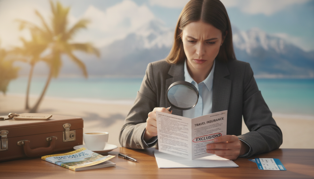 A visually engaging composition depicting "travel insurance exclusions." In the foreground, a professional-looking travel advisor in smart business attire is examining a travel insurance policy with a magnifying glass, focused on specific exclusion clauses. In the middle ground, a variety of travel-related items like a suitcase, a travel guide, and flight tickets are scattered, symbolizing the travel experience. In the background, a blurred image of a serene beach or majestic mountain landscape evokes a sense of wanderlust. Soft, natural lighting enhances the mood, with a warm color palette creating a reassuring atmosphere. The perspective is slightly angled to create depth, inviting the viewer to consider the complexities of travel insurance while emphasizing careful scrutiny of exclusions.