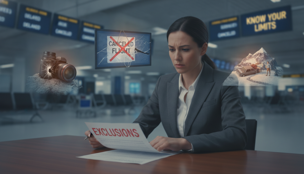 A visually engaging, conceptual scene that illustrates the concept of travel insurance exclusions in an informative way. In the foreground, a traveler in professional business attire is examining a travel insurance policy document with a concerned expression. In the middle ground, there are various symbolic representations of common exclusions, such as a broken camera, a canceled flight poster, and an accident scene, all cast in soft, diffused lighting to create a thoughtful atmosphere. The background features a blurred airport interior, with departure boards and baggage carts, conveying the travel context. The scene should feel serious yet informative, emphasizing the importance of understanding insurance limits before international travel, depicted in a clear, unobtrusive manner. A visually engaging, conceptual scene that illustrates the concept of travel insurance exclusions in an informative way. In the foreground, a traveler in professional business attire is examining a travel insurance policy document with a concerned expression. In the middle ground, there are various symbolic representations of common exclusions, such as a broken camera, a canceled flight poster, and an accident scene, all cast in soft, diffused lighting to create a thoughtful atmosphere. The background features a blurred airport interior, with departure boards and baggage carts, conveying the travel context. The scene should feel serious yet informative, emphasizing the importance of understanding insurance limits before international travel, depicted in a clear, unobtrusive manner.