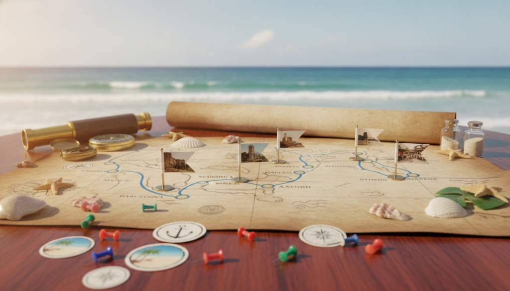 A visually engaging cruise itinerary map spread across a polished wooden table, showcasing various beautiful ports along a winding ocean route. In the foreground, colorful markers highlight each port, with images of iconic landmarks like beaches and historic sites. The middle ground reveals a detailed map featuring lines connecting the ports, surrounded by tropical decorations like seashells and starfish. The background displays a soft-focus view of tranquil ocean waves and a clear blue sky, creating a serene atmosphere. Warm, natural lighting enhances the colors of the map and decorations, evoking a sense of adventure and relaxation. The perspective is slightly elevated, giving an inviting overview of the itinerary while maintaining clarity and detail. A visually engaging cruise itinerary map spread across a polished wooden table, showcasing various beautiful ports along a winding ocean route. In the foreground, colorful markers highlight each port, with images of iconic landmarks like beaches and historic sites. The middle ground reveals a detailed map featuring lines connecting the ports, surrounded by tropical decorations like seashells and starfish. The background displays a soft-focus view of tranquil ocean waves and a clear blue sky, creating a serene atmosphere. Warm, natural lighting enhances the colors of the map and decorations, evoking a sense of adventure and relaxation. The perspective is slightly elevated, giving an inviting overview of the itinerary while maintaining clarity and detail.