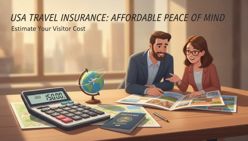 A visually engaging illustration representing the concept of visitor insurance cost for travelers to the USA. In the foreground, a professional-looking calculator is placed on a sleek wooden table, surrounded by travel documents and a globe, symbolizing the adventure of travel. In the middle ground, two diverse travelers in smart casual attire are discussing over a travel brochure, with images of iconic American landmarks subtly visible. The background features a soft-focus blend of a cityscape, hinting at American destinations, with warm sunlight filtering through, creating an inviting atmosphere. Soft shadows emphasize the details in the foreground. The overall mood should be friendly and informative, capturing the essence of planning and affordability in travel insurance. A visually engaging illustration representing the concept of visitor insurance cost for travelers to the USA. In the foreground, a professional-looking calculator is placed on a sleek wooden table, surrounded by travel documents and a globe, symbolizing the adventure of travel. In the middle ground, two diverse travelers in smart casual attire are discussing over a travel brochure, with images of iconic American landmarks subtly visible. The background features a soft-focus blend of a cityscape, hinting at American destinations, with warm sunlight filtering through, creating an inviting atmosphere. Soft shadows emphasize the details in the foreground. The overall mood should be friendly and informative, capturing the essence of planning and affordability in travel insurance.