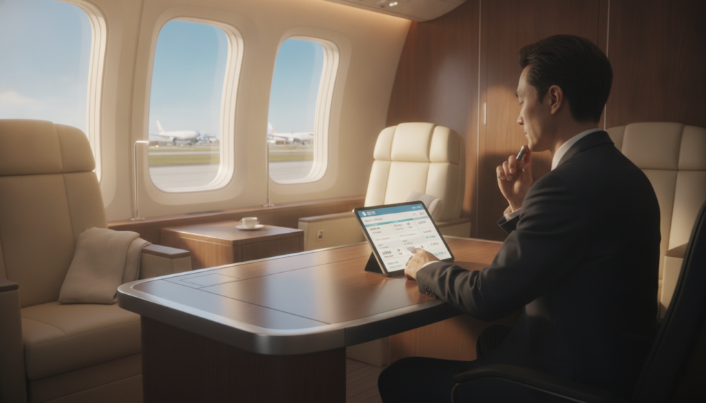 A visually engaging image illustrating "business class fare rules." In the foreground, a well-dressed businessperson in tailored attire sits at a sleek, modern desk, reviewing a digital tablet displaying fare categories and pricing details for flights. The middle layer features a luxurious aircraft cabin filled with plush seating, ample legroom, and elegant decor, conveying a sense of comfort and sophistication. In the background, a large window reveals an airport with planes taking off, under soft, natural sunlight that infuses the scene with warmth and optimism. The overall mood is intelligent and informative, evoking an awareness of the nuances in business class travel, free from distractions or text elements. A visually engaging image illustrating "business class fare rules." In the foreground, a well-dressed businessperson in tailored attire sits at a sleek, modern desk, reviewing a digital tablet displaying fare categories and pricing details for flights. The middle layer features a luxurious aircraft cabin filled with plush seating, ample legroom, and elegant decor, conveying a sense of comfort and sophistication. In the background, a large window reveals an airport with planes taking off, under soft, natural sunlight that infuses the scene with warmth and optimism. The overall mood is intelligent and informative, evoking an awareness of the nuances in business class travel, free from distractions or text elements.