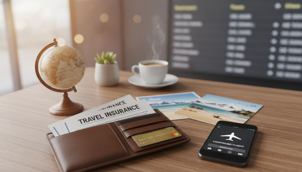 A visually engaging image that captures the essence of buying travel insurance, prominently featuring a wallet open to reveal travel insurance documents and a credit card. In the foreground, add a small globe and a smartphone displaying a travel booking app. The middle ground should feature a well-organized desk, decorated with travel brochures and a potted plant to convey a sense of planning and excitement. The background should softly blur airport departure signage, evoking a sense of readiness for adventure. Use warm, natural lighting to create a welcoming atmosphere, with a slight bokeh effect to emphasize the travel theme. The overall mood should reflect assurance and enthusiasm for securing one's trip with confidence.