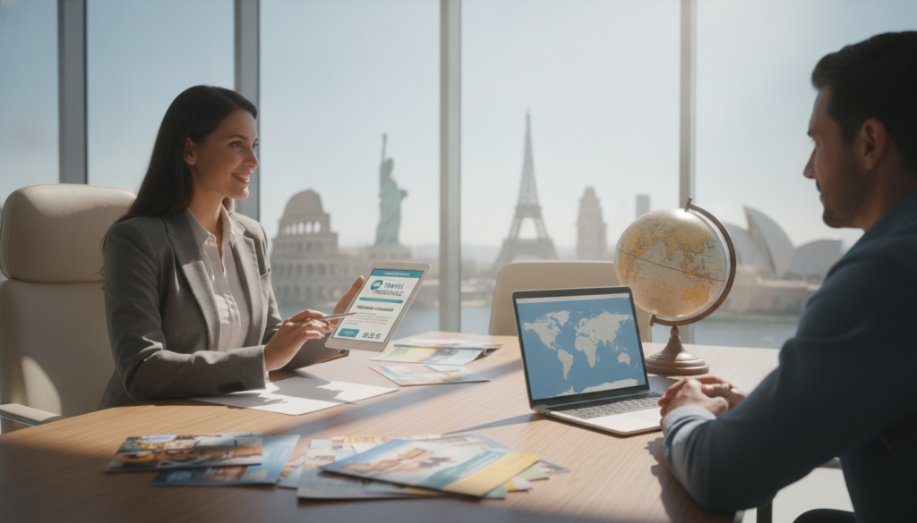 A visually engaging scene depicting a travel insurance consultation taking place inside a modern office. In the foreground, a professional woman in smart casual attire is reviewing a travel health insurance plan with a tablet in her hands, showing a confident expression. In the middle ground, a large table displays travel brochures, a globe, and a laptop, symbolizing the planning aspect. The background features a window with a bright, sunny view of famous landmarks from around the world, creating an atmosphere of adventure and excitement. Soft, natural light illuminates the room, enhancing the sense of warmth and optimism. The overall mood conveys assurance and preparedness for safe travels. A visually engaging scene depicting a travel insurance consultation taking place inside a modern office. In the foreground, a professional woman in smart casual attire is reviewing a travel health insurance plan with a tablet in her hands, showing a confident expression. In the middle ground, a large table displays travel brochures, a globe, and a laptop, symbolizing the planning aspect. The background features a window with a bright, sunny view of famous landmarks from around the world, creating an atmosphere of adventure and excitement. Soft, natural light illuminates the room, enhancing the sense of warmth and optimism. The overall mood conveys assurance and preparedness for safe travels.