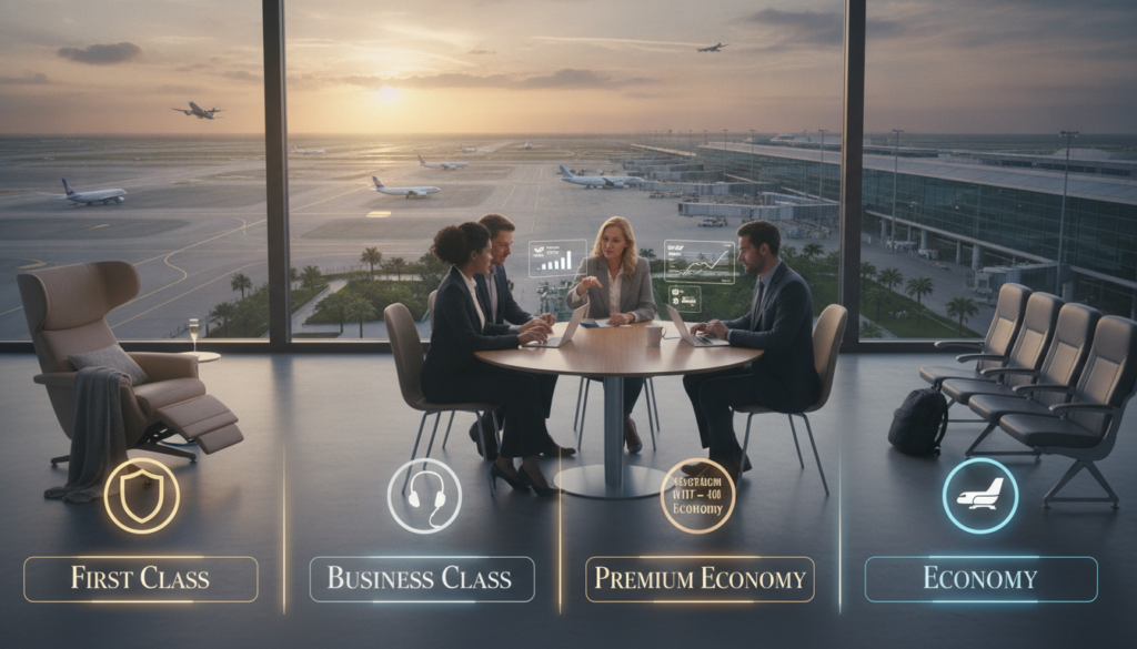 A visually striking representation of various airline fare types, featuring a split layout. In the foreground, neatly arranged fare class symbols such as First Class, Business Class, Premium Economy, and Economy, each depicted with distinctive icons and visual cues, like elegant seat designs and amenities. In the middle ground, a diverse group of travelers dressed in professional business attire, immersed in comparing itineraries and fare options on digital devices. The background offers a panoramic view of an airport with airplanes in motion, under a bright, welcoming sky. Soft, diffused lighting creates an inviting atmosphere, suggesting ease and confidence in booking flights. The overall mood is professional and dynamic, emphasizing the importance of informed decision-making while planning travel. A visually striking representation of various airline fare types, featuring a split layout. In the foreground, neatly arranged fare class symbols such as First Class, Business Class, Premium Economy, and Economy, each depicted with distinctive icons and visual cues, like elegant seat designs and amenities. In the middle ground, a diverse group of travelers dressed in professional business attire, immersed in comparing itineraries and fare options on digital devices. The background offers a panoramic view of an airport with airplanes in motion, under a bright, welcoming sky. Soft, diffused lighting creates an inviting atmosphere, suggesting ease and confidence in booking flights. The overall mood is professional and dynamic, emphasizing the importance of informed decision-making while planning travel.