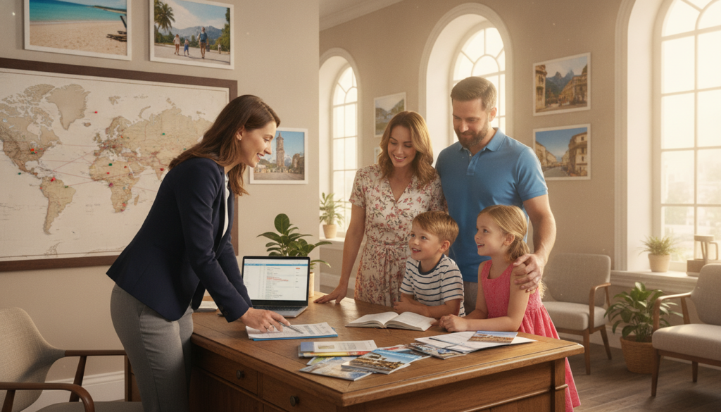 A warm, inviting travel agency office scene, focusing on a professional travel agent assisting a family. In the foreground, the agent, dressed in smart business attire, is intently discussing travel plans with a family, which consists of a mother, father, and two children, all dressed in modest casual clothing. In the middle ground, a large map with colorful pins highlights various travel destinations, along with brochures and travel guides spread across a stylish wooden desk. In the background, a wall displays framed photographs of popular family vacation spots like beaches and mountains, bathed in soft, natural light streaming through large windows, creating a supportive and friendly atmosphere. The overall mood is relaxed yet professional, evoking a sense of trust and expert guidance. A warm, inviting travel agency office scene, focusing on a professional travel agent assisting a family. In the foreground, the agent, dressed in smart business attire, is intently discussing travel plans with a family, which consists of a mother, father, and two children, all dressed in modest casual clothing. In the middle ground, a large map with colorful pins highlights various travel destinations, along with brochures and travel guides spread across a stylish wooden desk. In the background, a wall displays framed photographs of popular family vacation spots like beaches and mountains, bathed in soft, natural light streaming through large windows, creating a supportive and friendly atmosphere. The overall mood is relaxed yet professional, evoking a sense of trust and expert guidance.