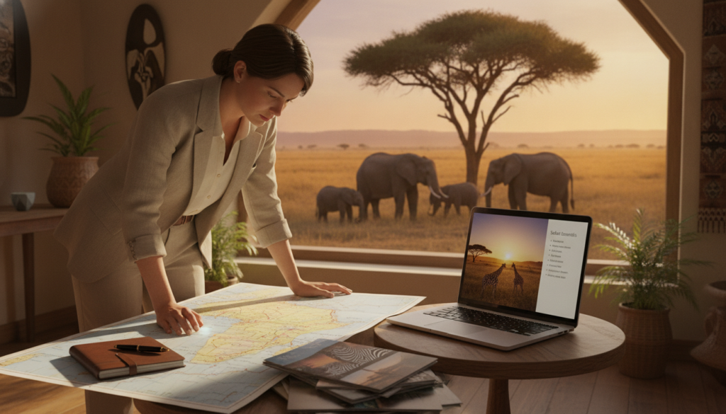A warm, sunlit scene capturing the essence of safari travel planning. In the foreground, a professional travel agent, wearing smart casual clothing, examines a detailed map of Africa spread out on a wooden table. The agent is focused and thoughtful, surrounded by travel brochures featuring exotic wildlife and safari lodges. In the middle ground, a large, open laptop displays images of African landscapes and a checklist of safari essentials. In the background, a safari scene is visible through a large window, showing elephants grazing under a golden sunset. Soft, natural lighting enhances the earthy colors, creating a sense of adventure and excitement, perfect for illustrating practical preparation for an African safari. A warm, sunlit scene capturing the essence of safari travel planning. In the foreground, a professional travel agent, wearing smart casual clothing, examines a detailed map of Africa spread out on a wooden table. The agent is focused and thoughtful, surrounded by travel brochures featuring exotic wildlife and safari lodges. In the middle ground, a large, open laptop displays images of African landscapes and a checklist of safari essentials. In the background, a safari scene is visible through a large window, showing elephants grazing under a golden sunset. Soft, natural lighting enhances the earthy colors, creating a sense of adventure and excitement, perfect for illustrating practical preparation for an African safari.