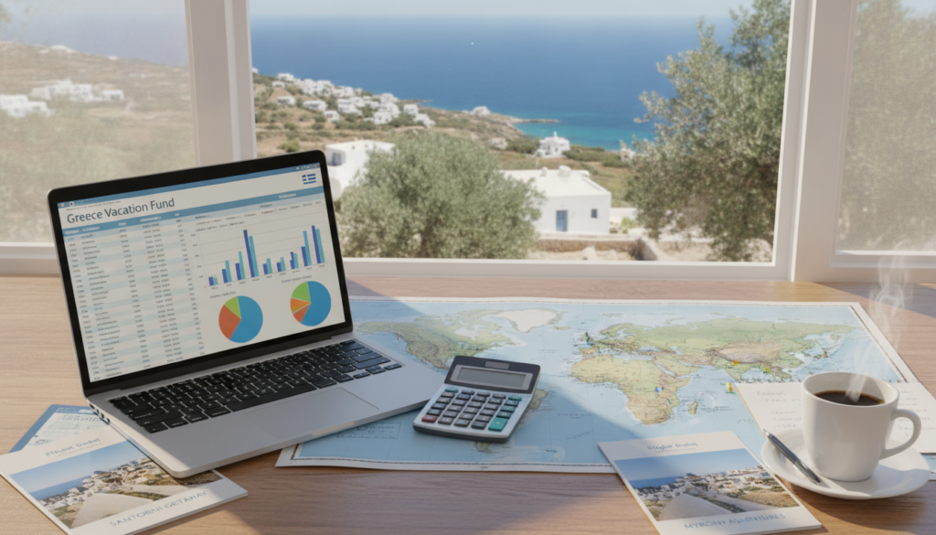 A well-organized desk scene representing Greece vacation budget planning. In the foreground, a laptop displays a budget spreadsheet with colorful graphs, surrounded by travel brochures for Greek islands like Santorini and Mykonos. A calculator and a cup of coffee add a personal touch. The middle layer features a detailed world map of Greece, pinpointing popular destinations with small, colorful markers. In the background, window light pours in, creating a warm and inviting atmosphere, with a glimpse of a sunny Mediterranean landscape visible through the window. The overall mood is focused and optimistic, with a hint of wanderlust, showcasing preparation and excitement for a perfect Greek vacation.