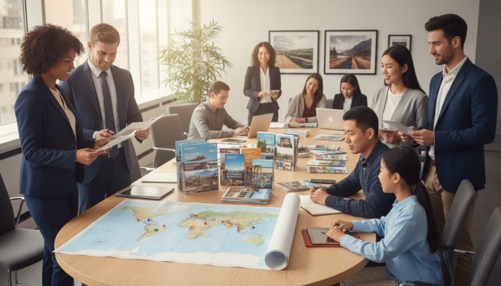 A well-organized group travel agency setting, depicting a diverse team of travel professionals in smart business attire, collaborating over a large map and itinerary at an inviting, modern office. In the foreground, a friendly travel consultant points out travel destinations on the map while engaging with clients, who appear enthusiastic and engaged. In the middle background, a large table is filled with brochures and travel guides showcasing various group travel packages. The atmosphere is lively and collaborative, with bright, natural light flooding through large windows, creating a warm and welcoming ambiance. The overall mood conveys trust, organization, and excitement for adventure, suggesting a seamless travel experience for clients. A well-organized group travel agency setting, depicting a diverse team of travel professionals in smart business attire, collaborating over a large map and itinerary at an inviting, modern office. In the foreground, a friendly travel consultant points out travel destinations on the map while engaging with clients, who appear enthusiastic and engaged. In the middle background, a large table is filled with brochures and travel guides showcasing various group travel packages. The atmosphere is lively and collaborative, with bright, natural light flooding through large windows, creating a warm and welcoming ambiance. The overall mood conveys trust, organization, and excitement for adventure, suggesting a seamless travel experience for clients.