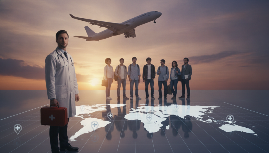 A well-organized scene depicting the importance of emergency medical coverage while traveling. In the foreground, a professional medical personnel in a white coat stands confidently, holding a medical kit, symbolizing readiness. In the middle, a diverse group of travelers of different ages and backgrounds, dressed in modest casual clothing, is gathered around a detailed digital map that outlines various countries, highlighting locations of hospitals. In the background, an airplane can be seen taking off against a vibrant sunset, symbolizing international travel. Soft, warm lighting envelops the scene, creating an inviting atmosphere. The angle captures the collective enthusiasm of travelers while emphasizing the medical professional's importance in ensuring safety and preparedness during international trips.